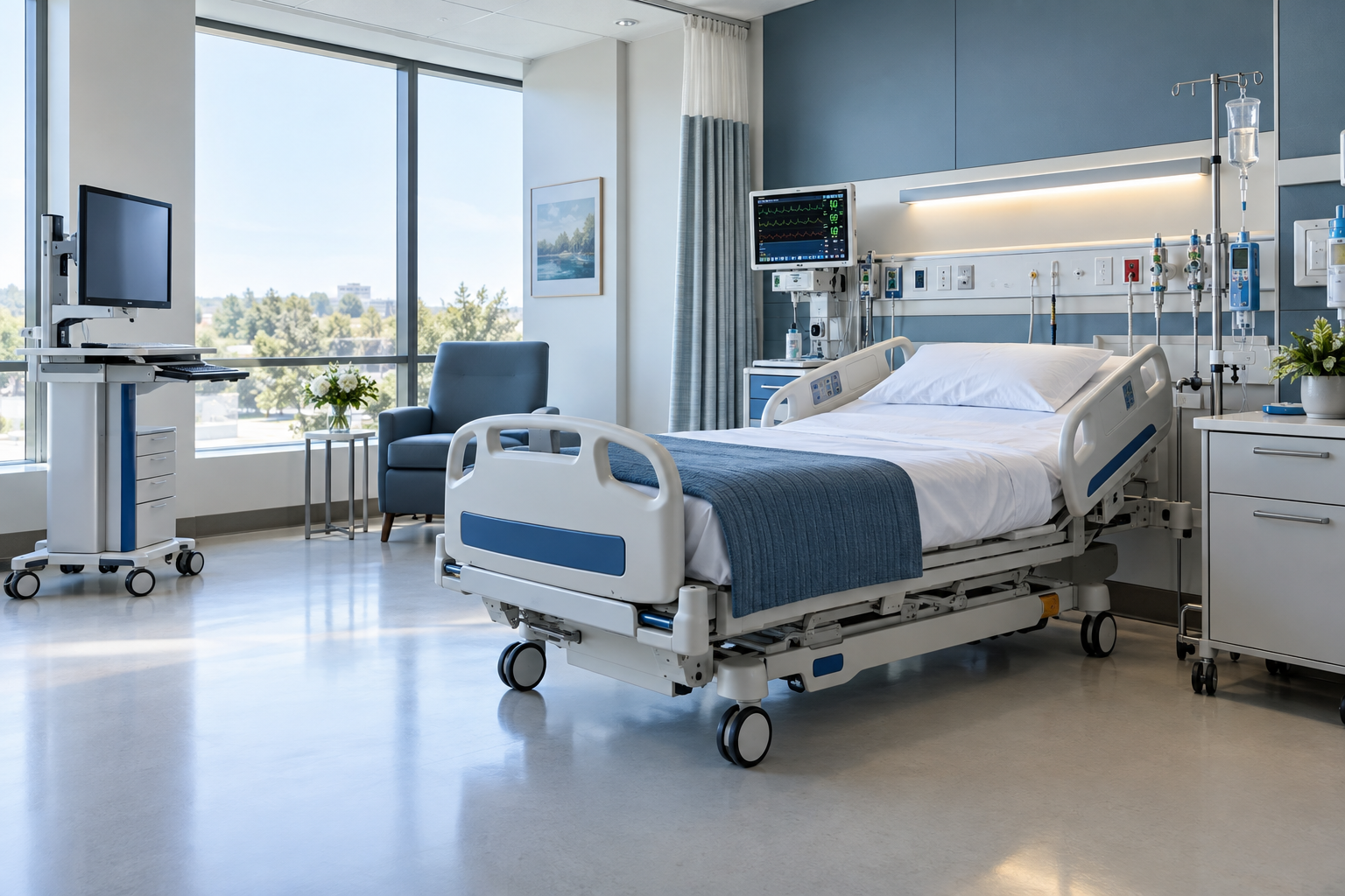 Modern hospital bed and clinical patient monitoring equipment